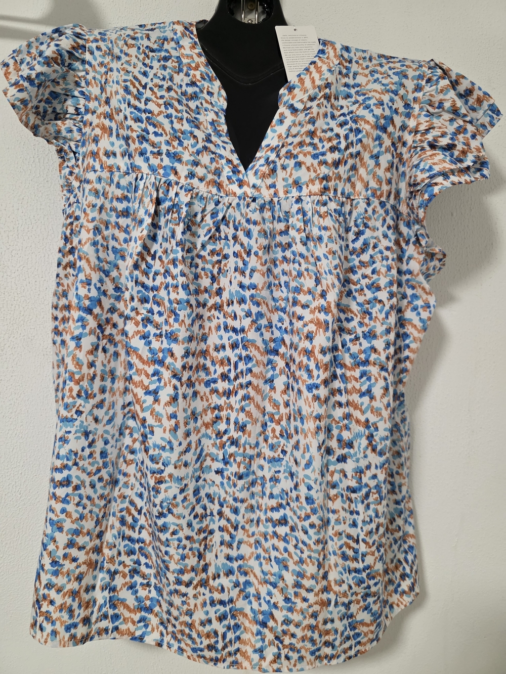 Women's Blue and Brown Printed Flutter-Sleeve Tunic Top